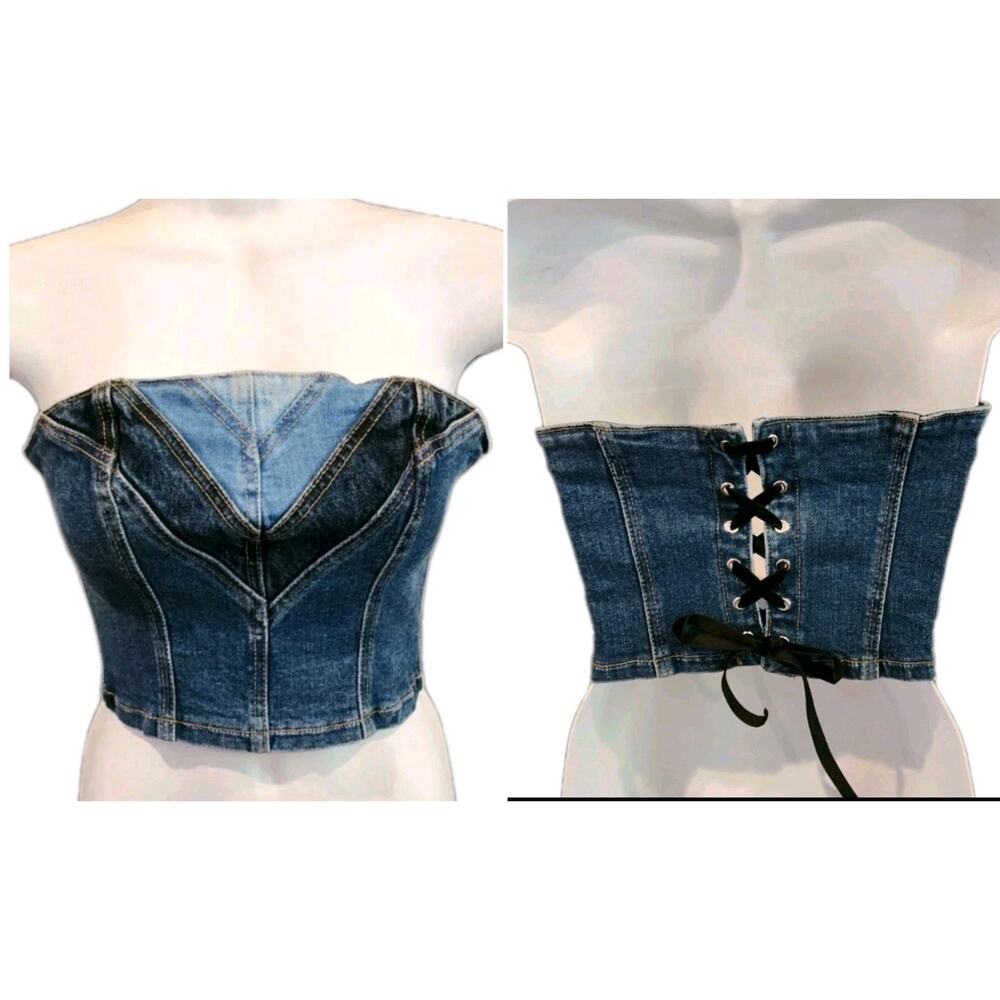 Revice Strapless Lace Up Backside Corset Light & Dark Tone Denim Top Size Small - Picture 2 of 10